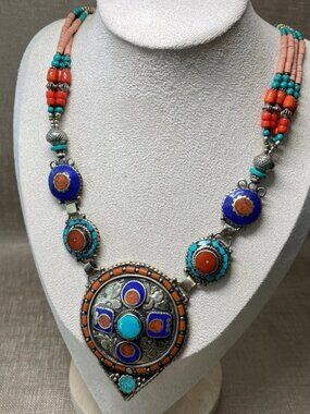 Antique Tibetan Himalayan 925 Silver Turquoise Coral Lapis Tribal Necklace 121g